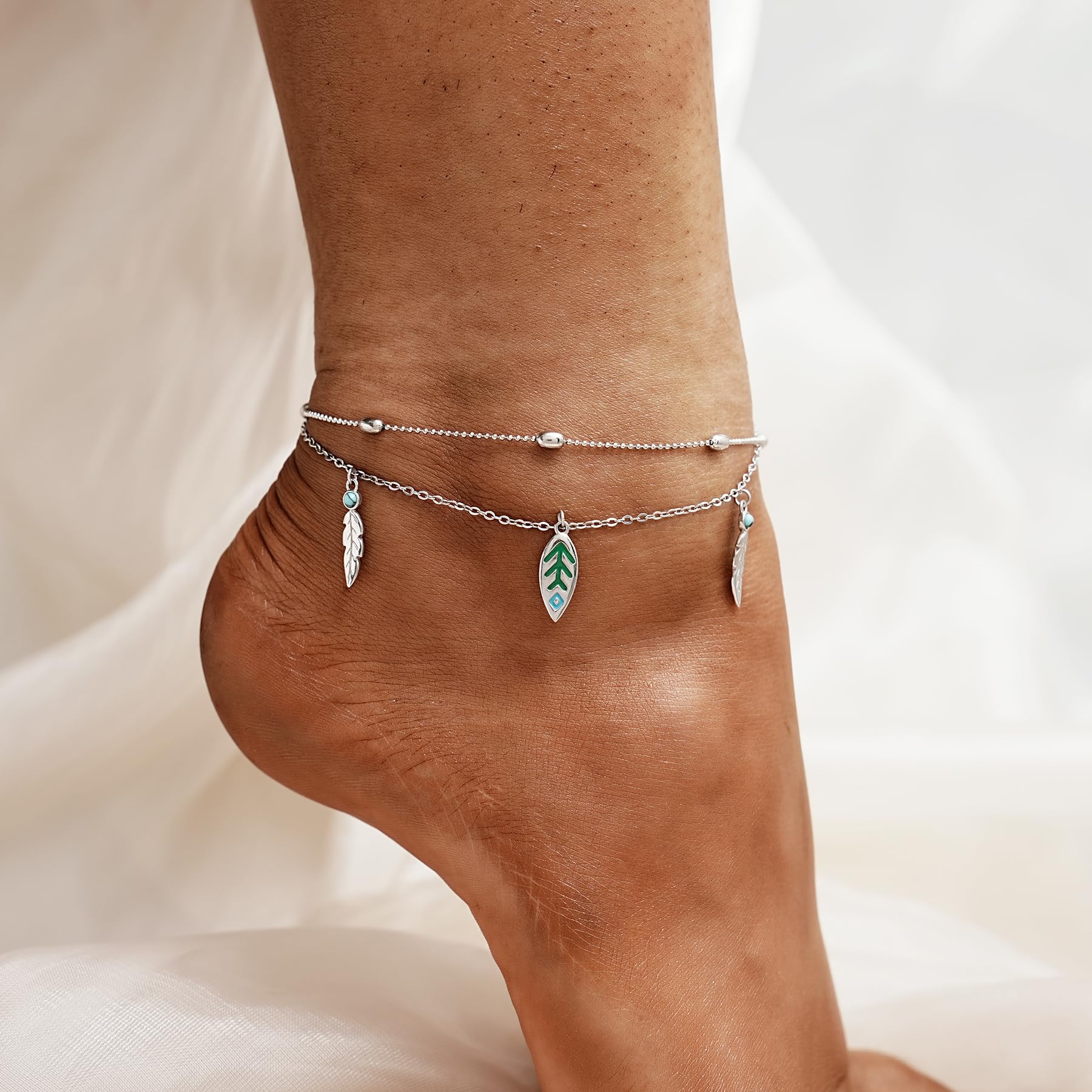 CHIC & ARTSY Sterling Silver Anklet Bracelet - Summer Beach Ankle Bracelets Created with Turquoise Feather - Hypoallergenic Layered Feather Foot Chain Jewelry