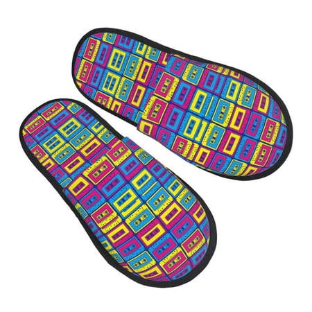 

Ocsxa Mens Womens Cozy Memory Foam Scuff Slippers Slip On Warm House Shoes Indoor/Outdoor Cassette Tapes Designs-Medium
