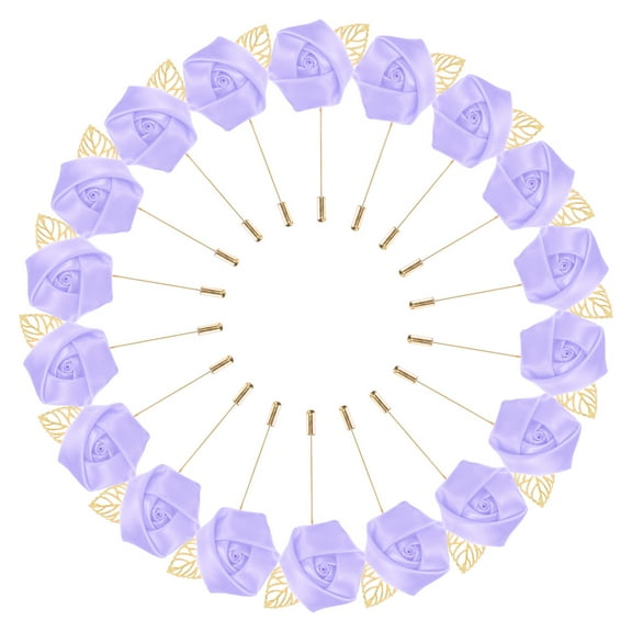 Uxcell 18-Pack Flower Lapel Pins for Men, Golden Leaf Rose Boutonnieres Pin for Wedding/Dance/Party, Flower Corsage Hat Pins [Light Purple]