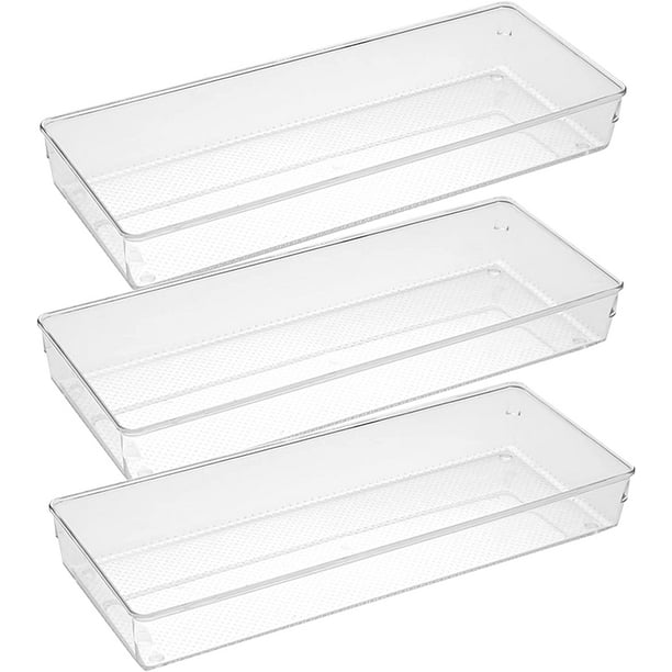Paquete de 3 bandejas organizadoras grandes de plástico transparente para cajones, cubiertos, utensilios de maquillaje, organizadores de cajones de 38 x 15 cm
