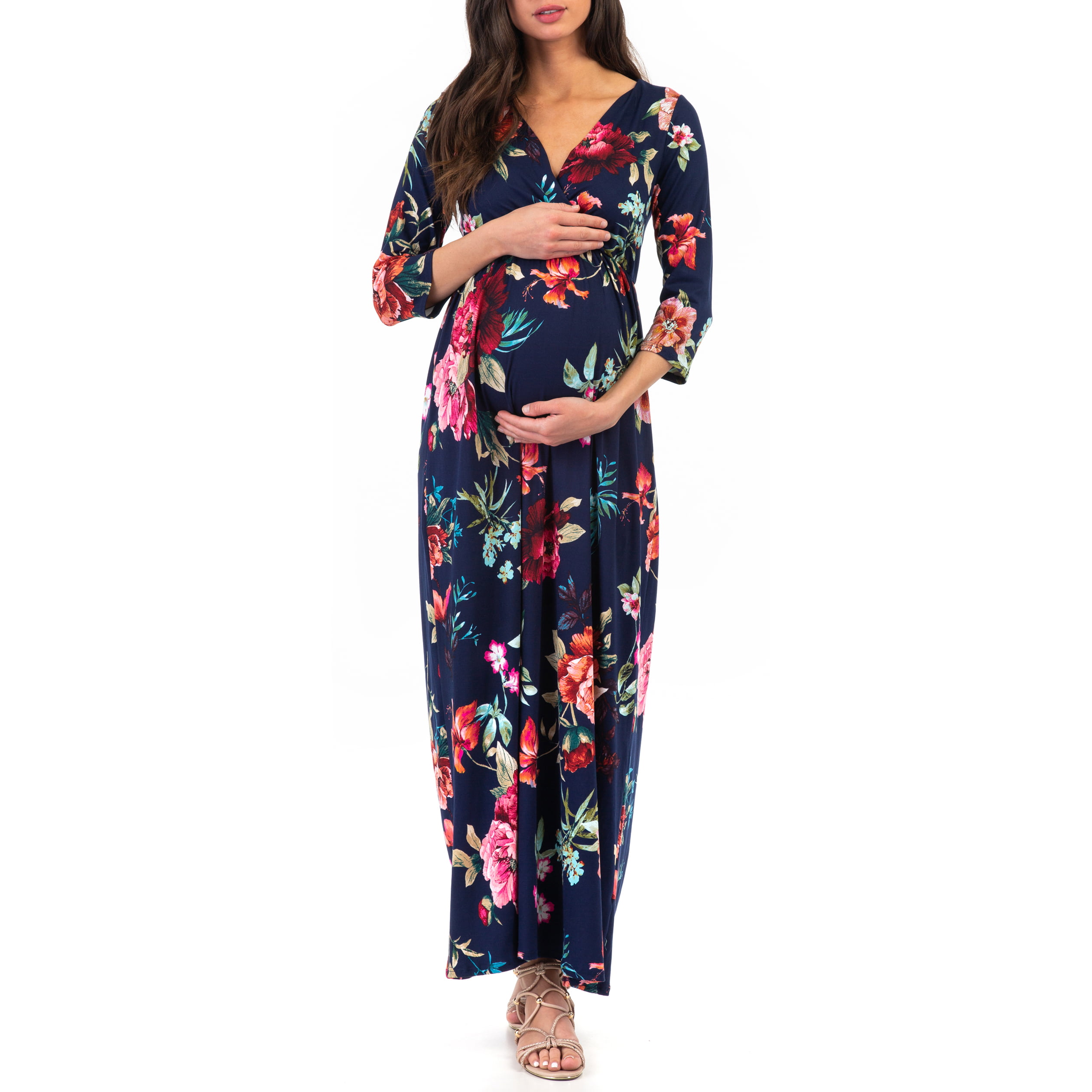 Xpenyo Maternity Wrap Dress with Empire Waist 3/4 Sleeve Pregnancy Dress for Baby Showers or Casual Wear 