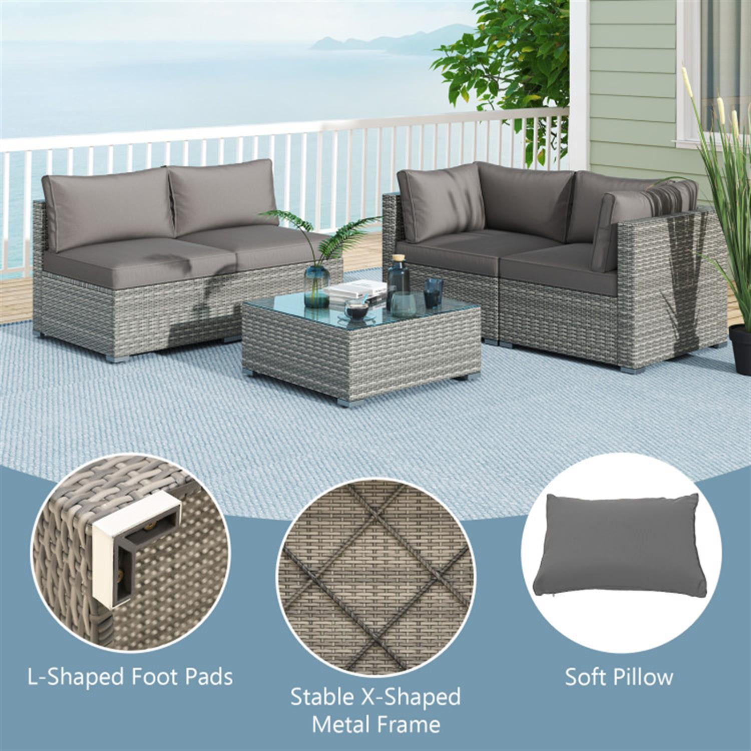Demi Bonn 5-Piece Outdoor Patio Furniture Sets Sectional Sofa Couch and Glass Coffee Table with Cushions for Yard, Pool or Backyard, Gray