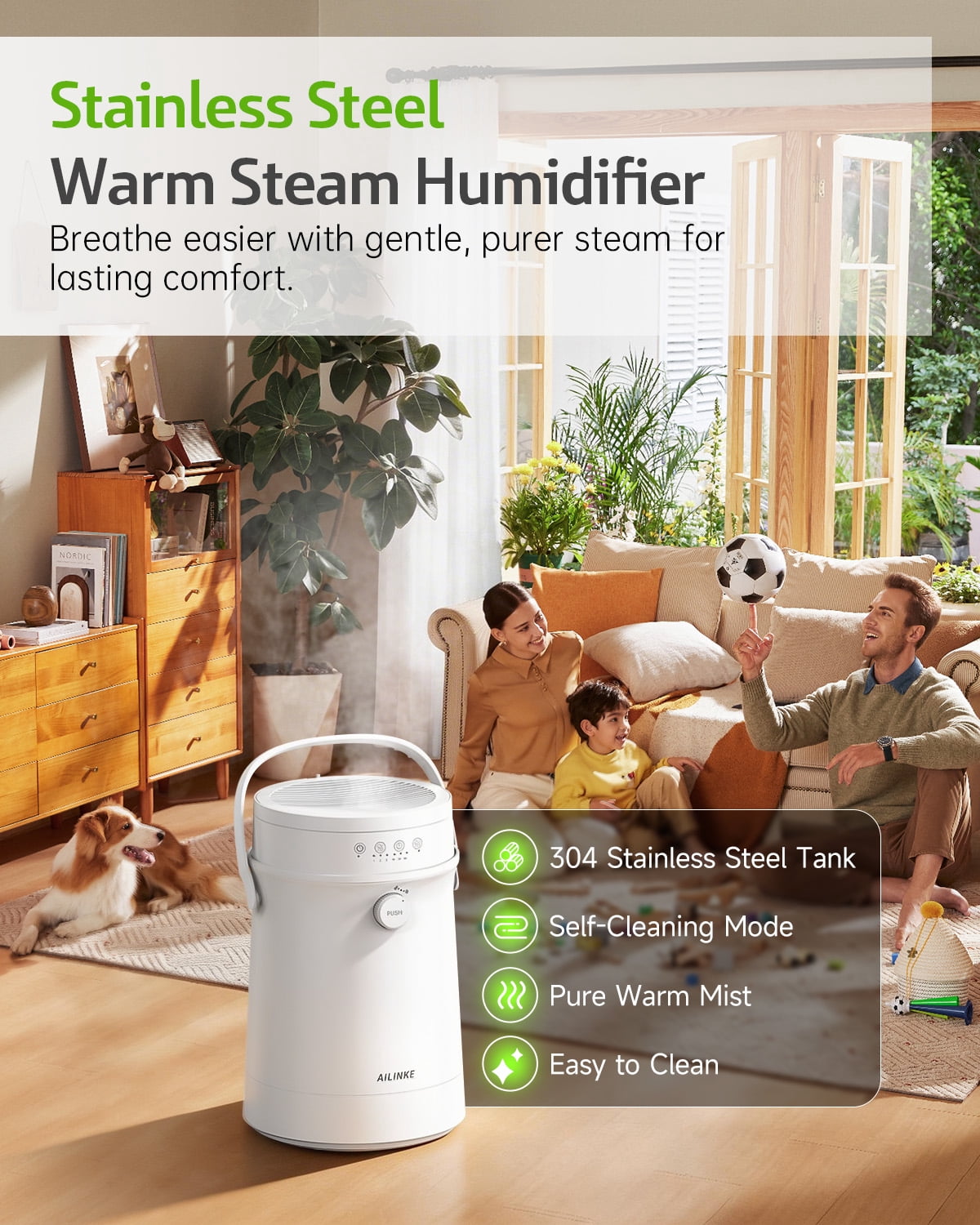 Stainless Steel Humidifier for Bedroom, Warm Mist Steam Humidifier 4L with Auto Self-Cleaning Mode, Easy Clean & Dishwasher Safe for Large room Living Room Home Office, Tip-Over Protection, White