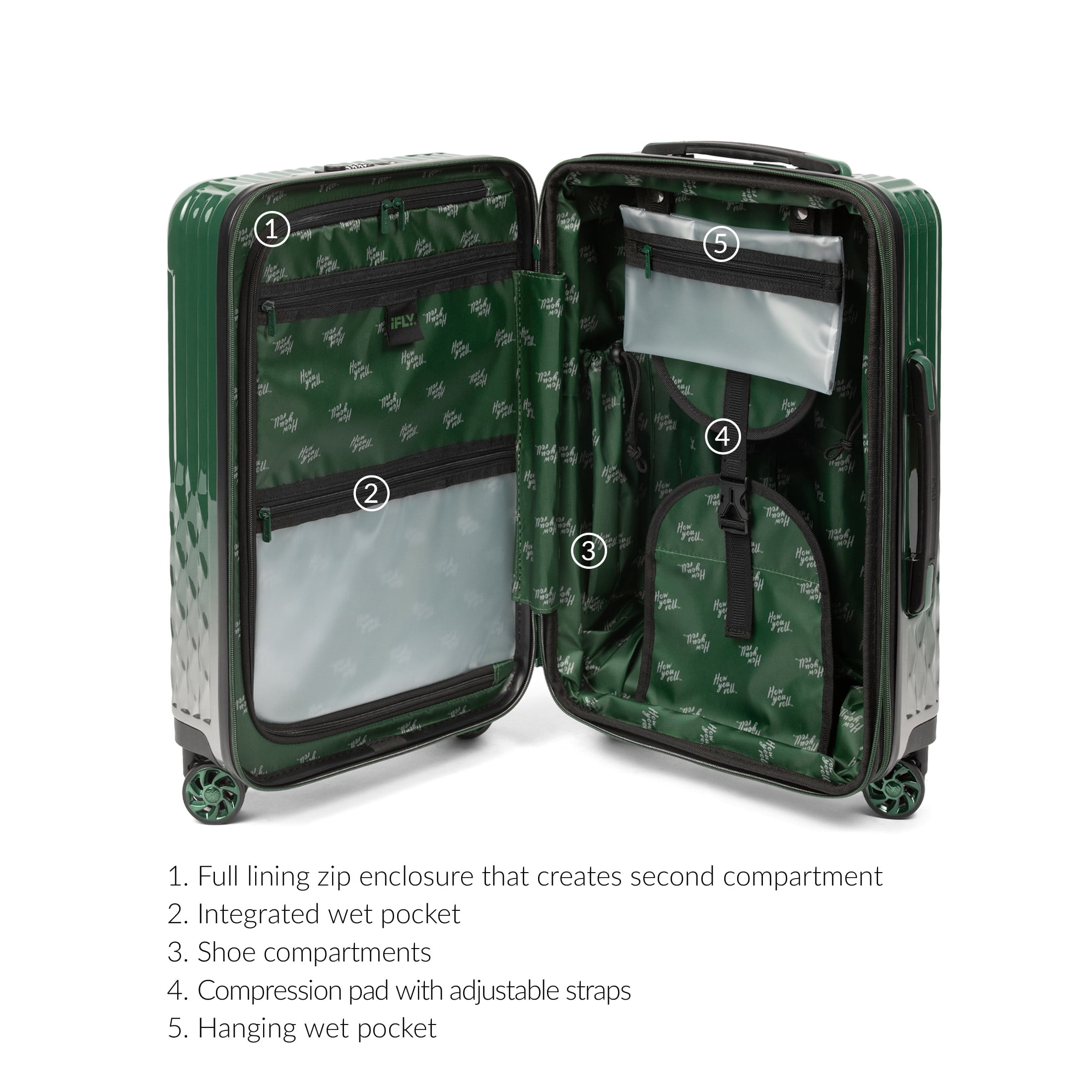 iFLY Elite 2-Piece Expandable Hardside Spinner Luggage Set, with TSA Lock, 20" Carry-on and 28" Checked Luggage, Green