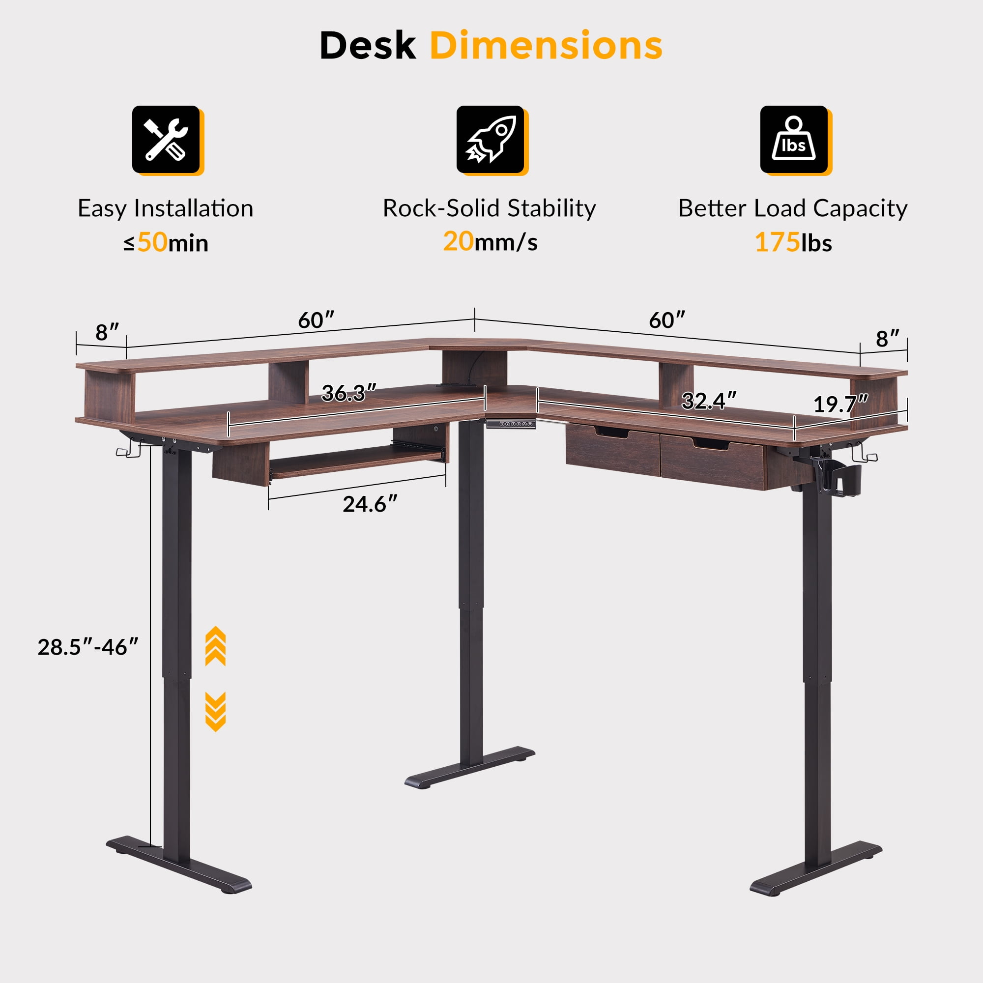 KeyWhat 60" L Shaped Standing Desk, Electric Height Adjustable Computer Desk with Shelves & Keyboard Tray & LED Strip & Power Outlets, Dark Walnut