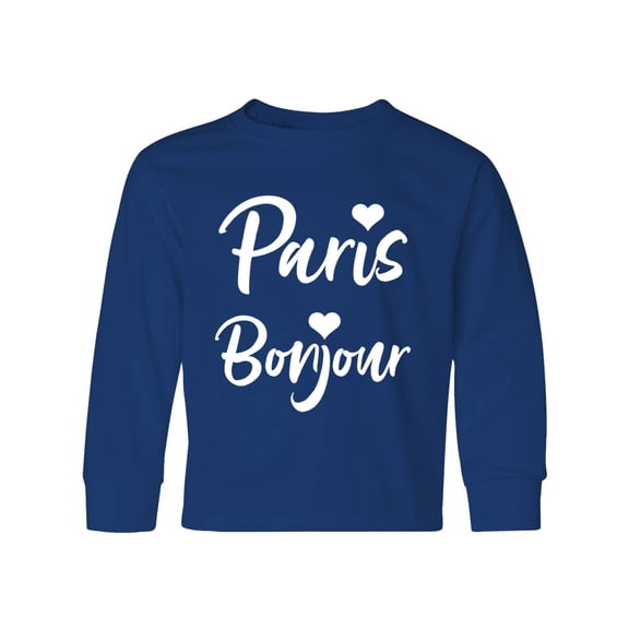 Inktastic Paris Bonjour with Hearts in White Text Long Sleeve Youth T-Shirt