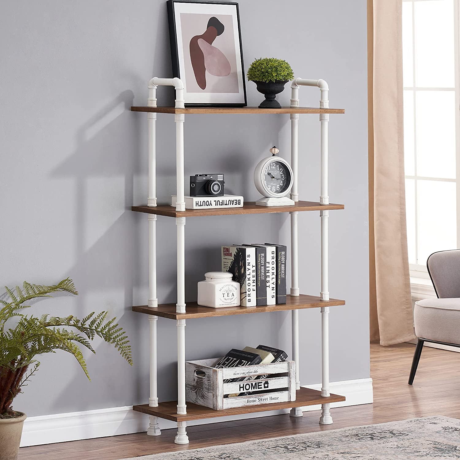 Ivinta Furniture White Bookshelf Small 3-Tier Kids Bookcase for Bedroom, Modern Industrial Book Shelf Leaning Bookcases Low Rustic Storage Shelf