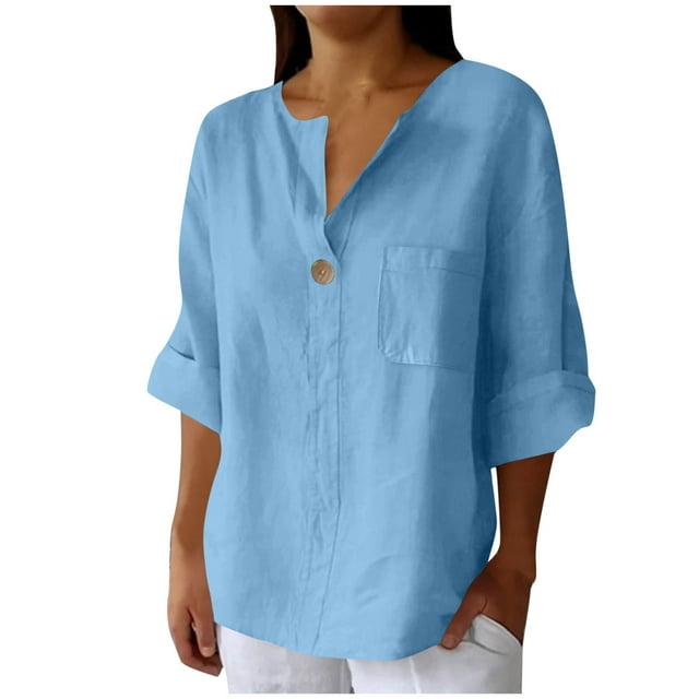 Vestidos Casuales Para Mujer, Blusas De Mujer De Moda Camisa de lino con cuello en V y bolsillo abotonado para mujer, informal, con escote en V de un cuarto