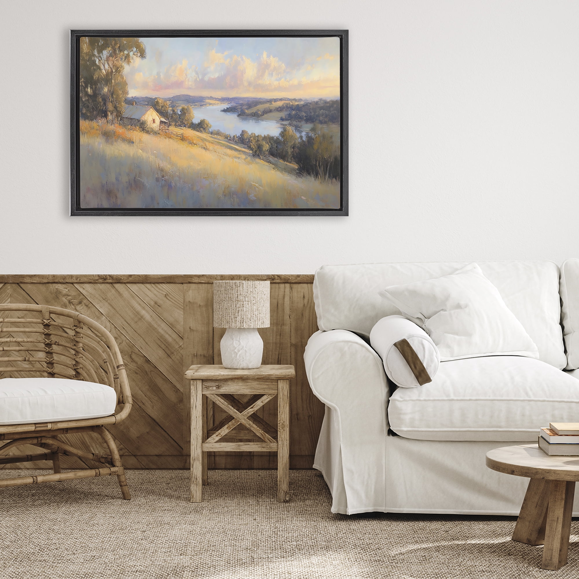Stupell Industries Hilltop Cottage in Sunset Glow Black Framed Floater Canvas Wall Art, design by Creative Studio