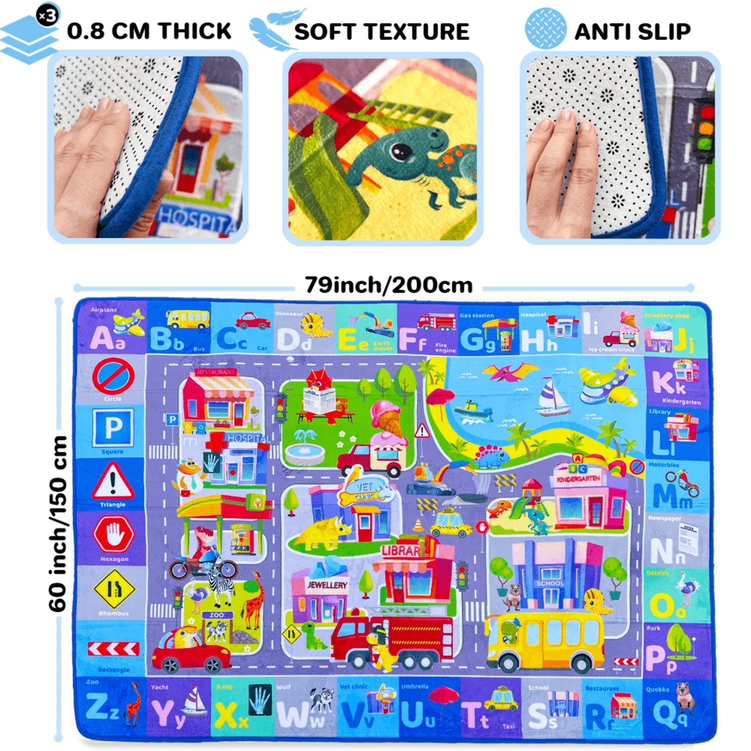 QUOKKA Floor Large Nursery Rug for Babies - Foldable Padded Non-Slip Rug with City for Kids Toddlers & Infants