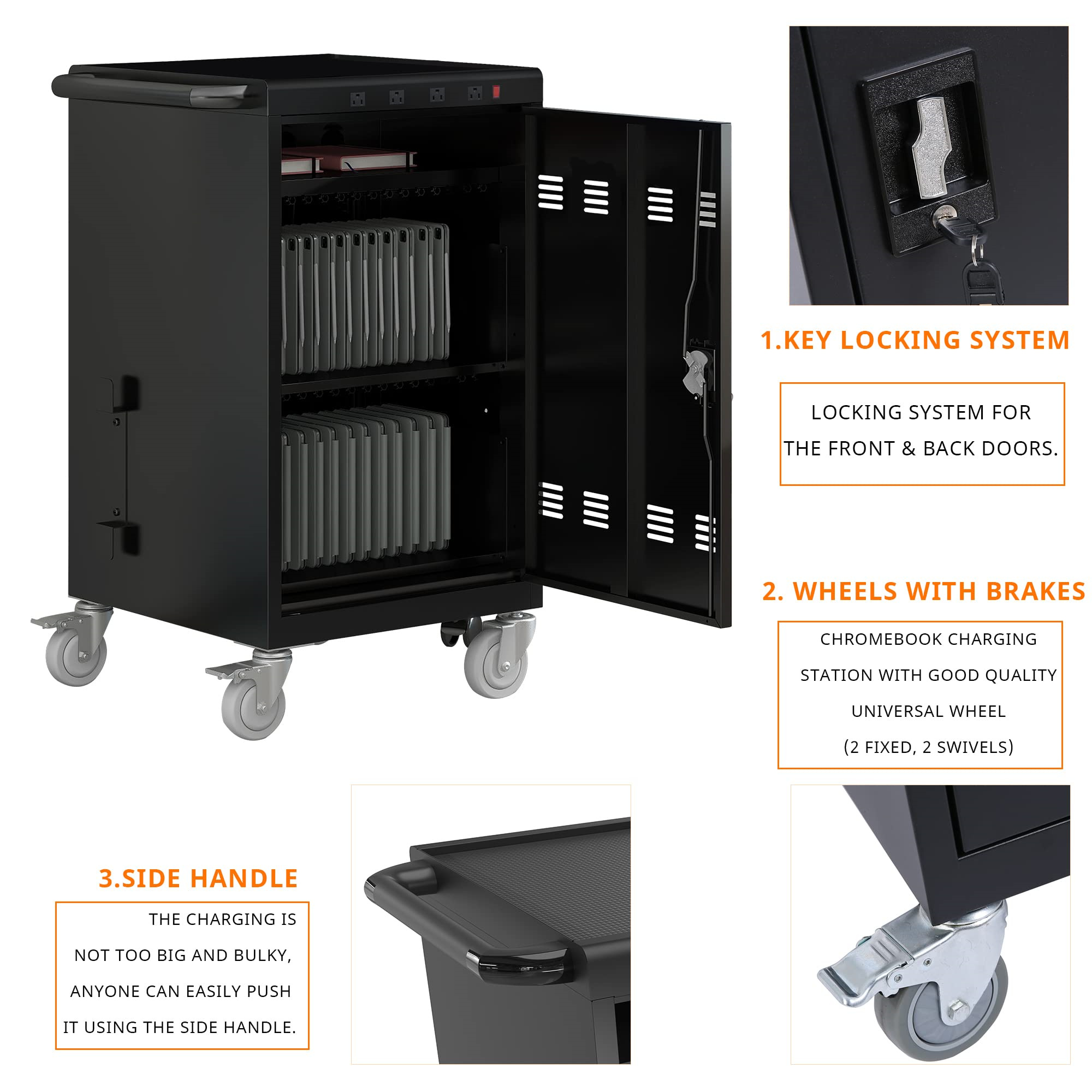 Aukfa 35-Unit Mobile Charging Cart, Classroom Locking Charging Station up to 16-inch Chromebooks and Laptop, Black