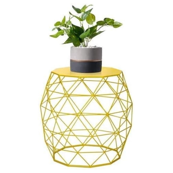 18-inch Home Garden Wire Round Metal Stool, Decorative Accent Display Plant Stand, Side Table, End Table - Bohemian Chic Openwork Lattice Design, Yellow