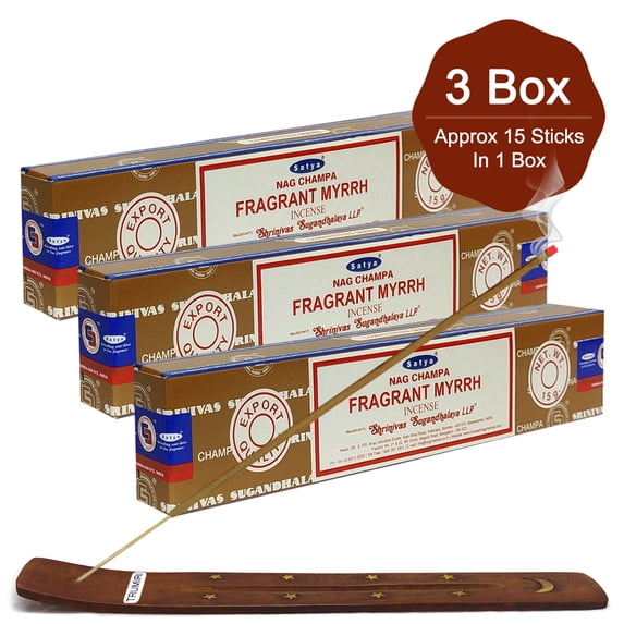Trumiri Incense Stick Holder Bundle with Satya Nag Champa Fragrant Myrhh 15g Incense Sticks - Pack of 3 (approx 45 Sticks)