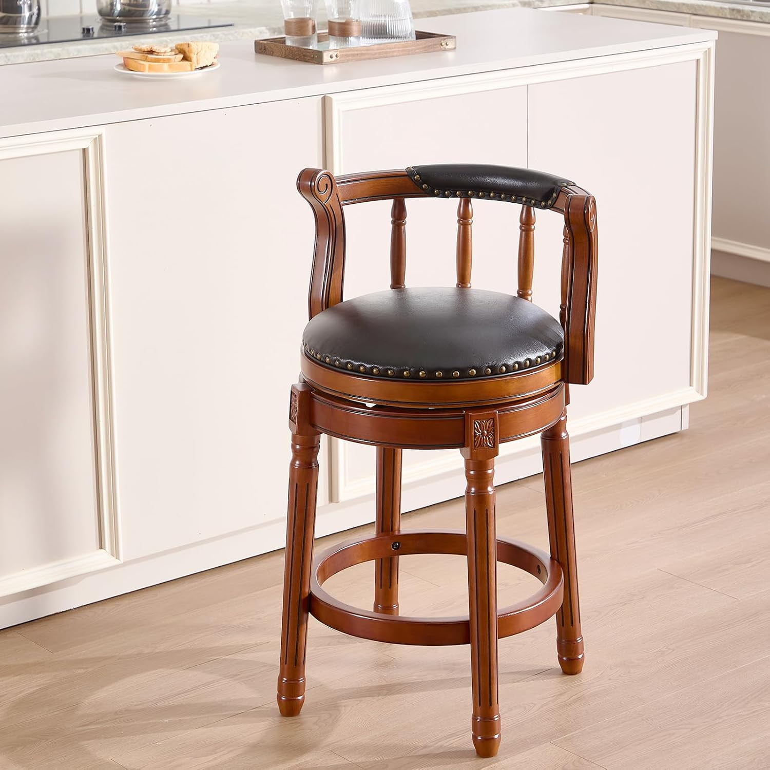 Aulife Bar Stools Genuine Leather Counter Height barstool Wooden Swivel kitchen Stool with Footrest for Kitchen Dining Room