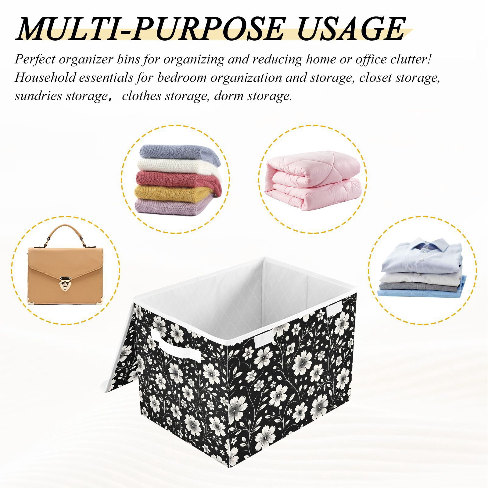 Retro White and Black Flowers Storage Basket for Shelves Foldable Container Organizer for Organizing Toys Clothes Books with Handles