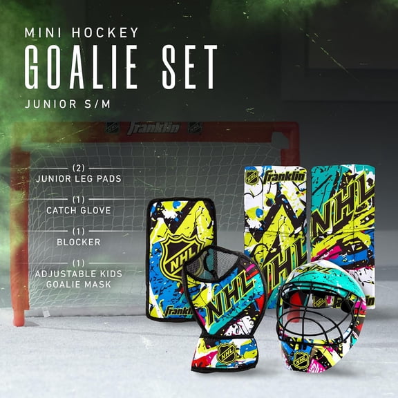 Youth Knee Hockey Goalie Pads   Helmet Set - Kids Knee   Mini Hockey Goalie Gear   Equipment - (2) Leg Pads, Catch Glove, Blocker   Mask Included - Graffiti