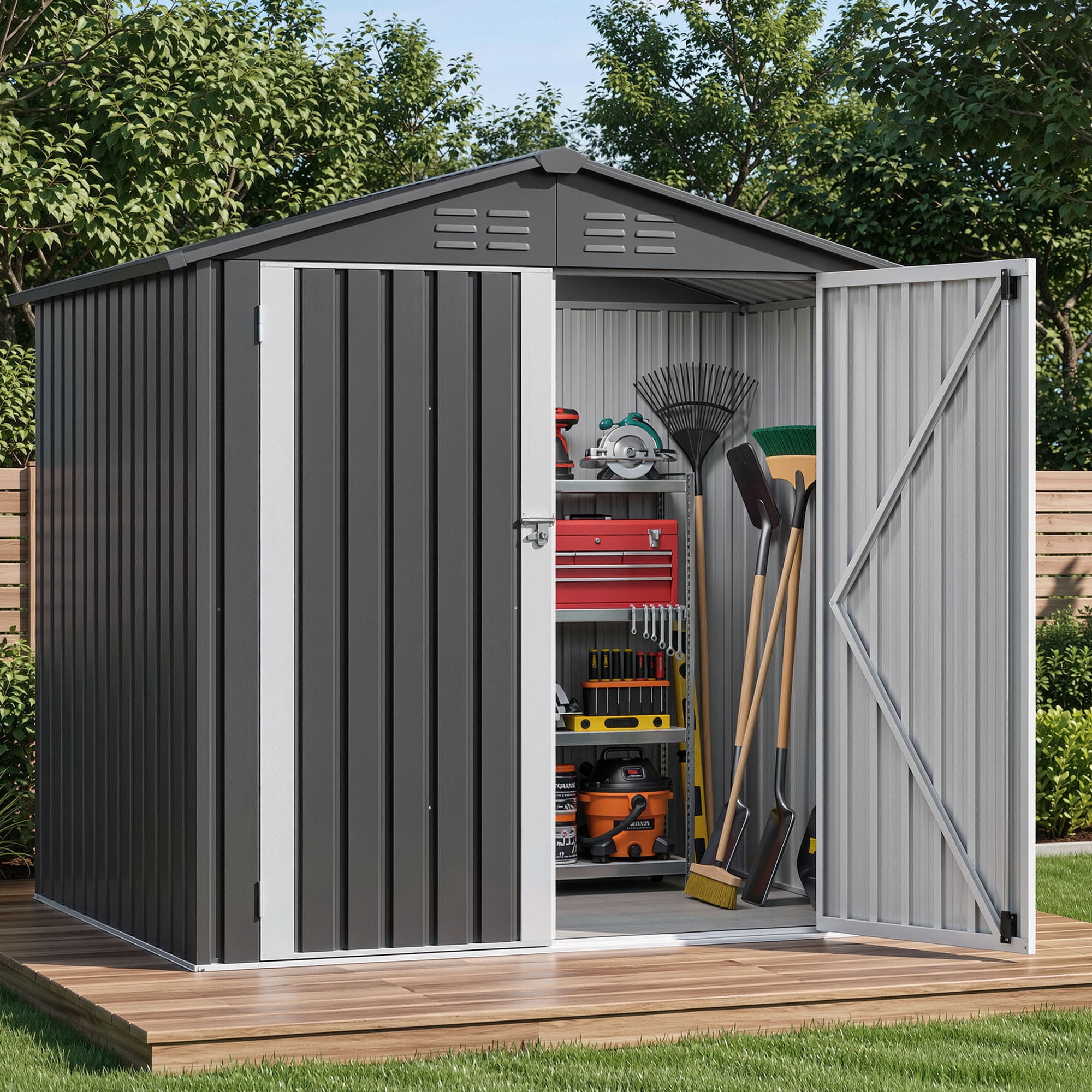 Uforic 6'x4' Steel Outdoor Storage Shed, Lockable Doors & Sloped Roof, Small Tool Storage Building for Garden, Patio, Garage, Backyard and Lawn, Dark Gray