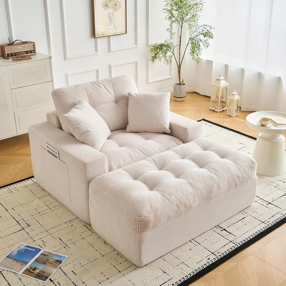 63" Oversized Chaise Lounge Sofa Bed with Ottoman, Corduroy Boneless Sleeper Couch, Deep Seat Cloud Lounge Chair with 2 Pillows, No Assembly, for Living Room, Bedroom, Apartment,Beige