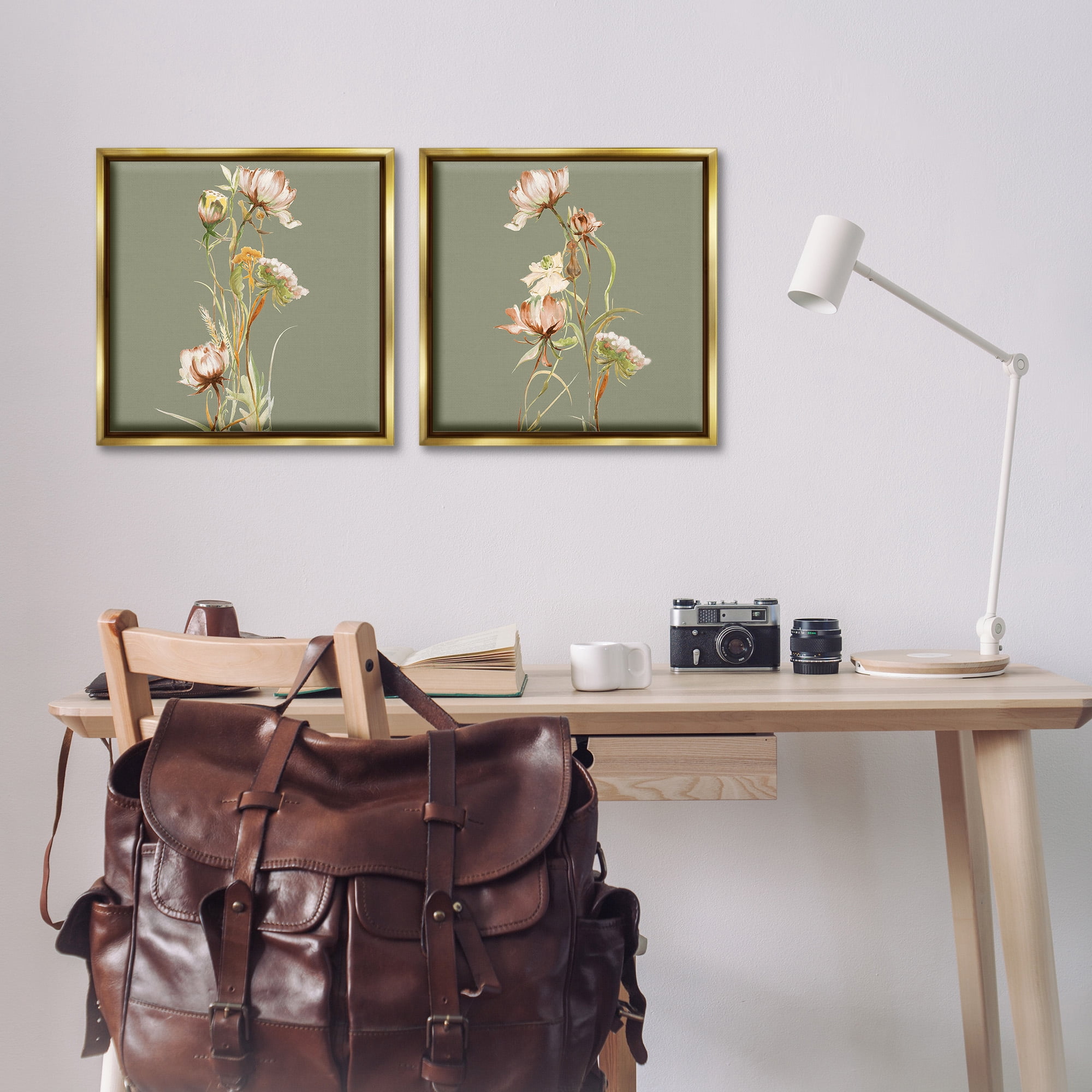 Stupell Industries Classic Blooms on Green Botanical & Floral Painting Gold Floater Framed Canvas Art Print Wall Art, 18 x 18, Set of 2
