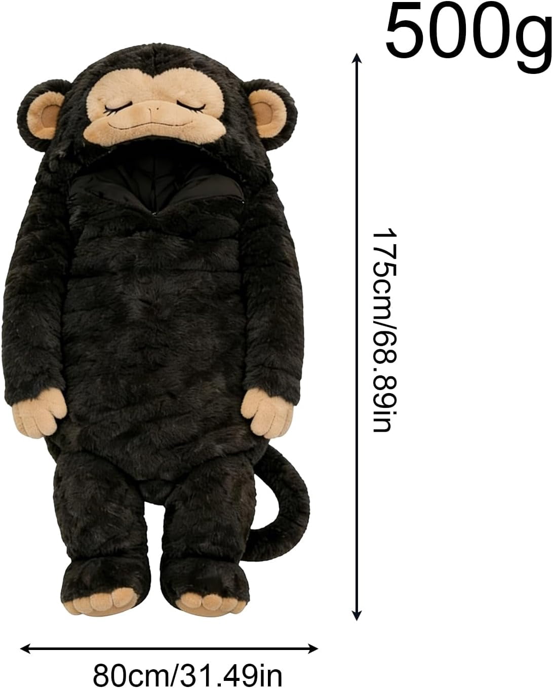 Plush Monkey Sleeping Bag for Adults, Cold Weather Soft Plush Blanket Bag with Tail, for Men Women Travel Indoor Outdoor Backpacking Hiking Reading Watching TV(Black)