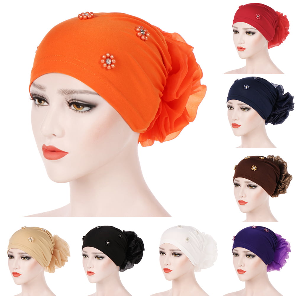 Women Cap Flower Islamic Full Cover Hijab Turban Pearls Muslim Scarf Headscarf 