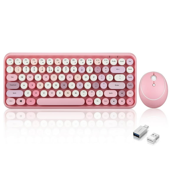 Perixx PERIDUO-713 Wireless Mini Keyboard and Mouse Combo, Retro Round Key Caps, Pastel Pink, US Layout