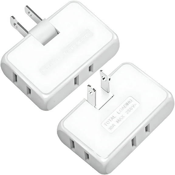 GJX 3 Way Flat Wall Outlet Extender, 2 Prong 180 Degree Portable Swivel Wall Tap Plug, Ultra Thin Folding Electrical Outlet Splitter (Easy Install), Type A, White, Pack of 2