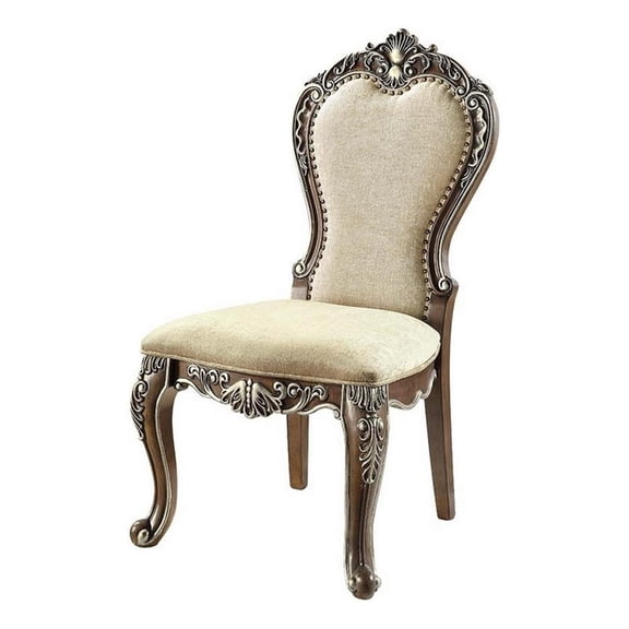 Benjara 24" Side Dining Chair (Set of 2)- Vintage Oak Brown- Beige Chenille