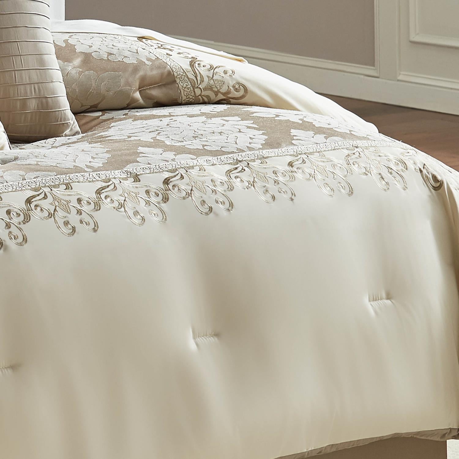 Riverbrook Home 9 pc Comforter Set, Queen, Ivory/Antique Gold, Hillcrest, Embroidered, Polyfill Filling, Adult