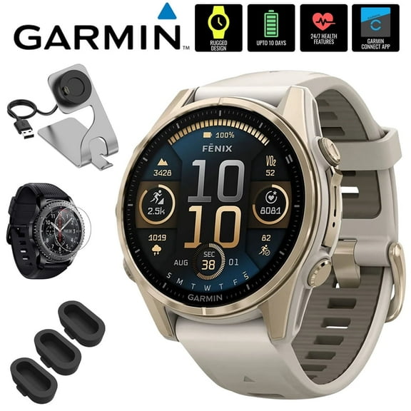Garmin 010-02903-10 Fenix 8 43 mm, AMOLED, Sapphire, Soft Gold with Fog Gray Sandstone Silicone Band Bundle with Deco Essentials Charging Dock, 3x Silicone Dust Cover and Glass Screen Protector