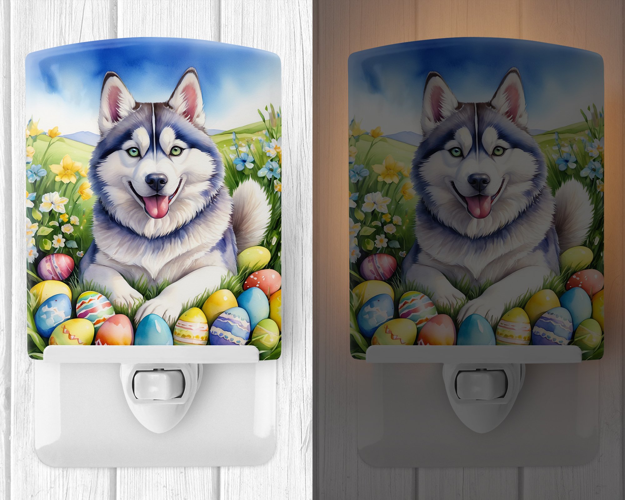 Siberian Husky Easter Egg Hunt Ceramic Night Light 4 in x 6 in
