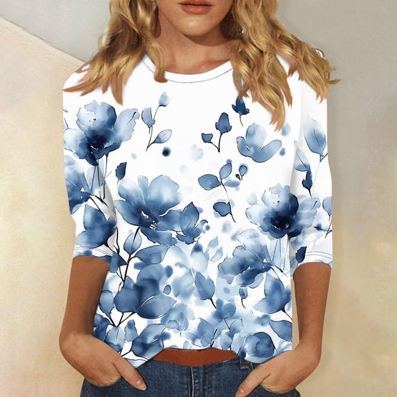 Qulqfy Loose-Fitting Womens T Shirts Tunic Causal 3/4 Length Sleeve Crew neck Vintage Vacation Basics Raglan Spring Tops for Women L