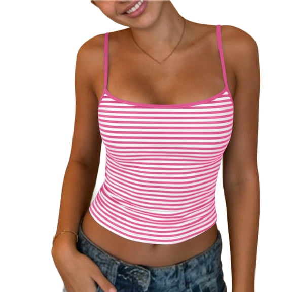 GUACER Women's Striped Camisole Tops Casual Adjustable Spaghetti Straps Square Neck Slim Fit Crop Tank Shirts