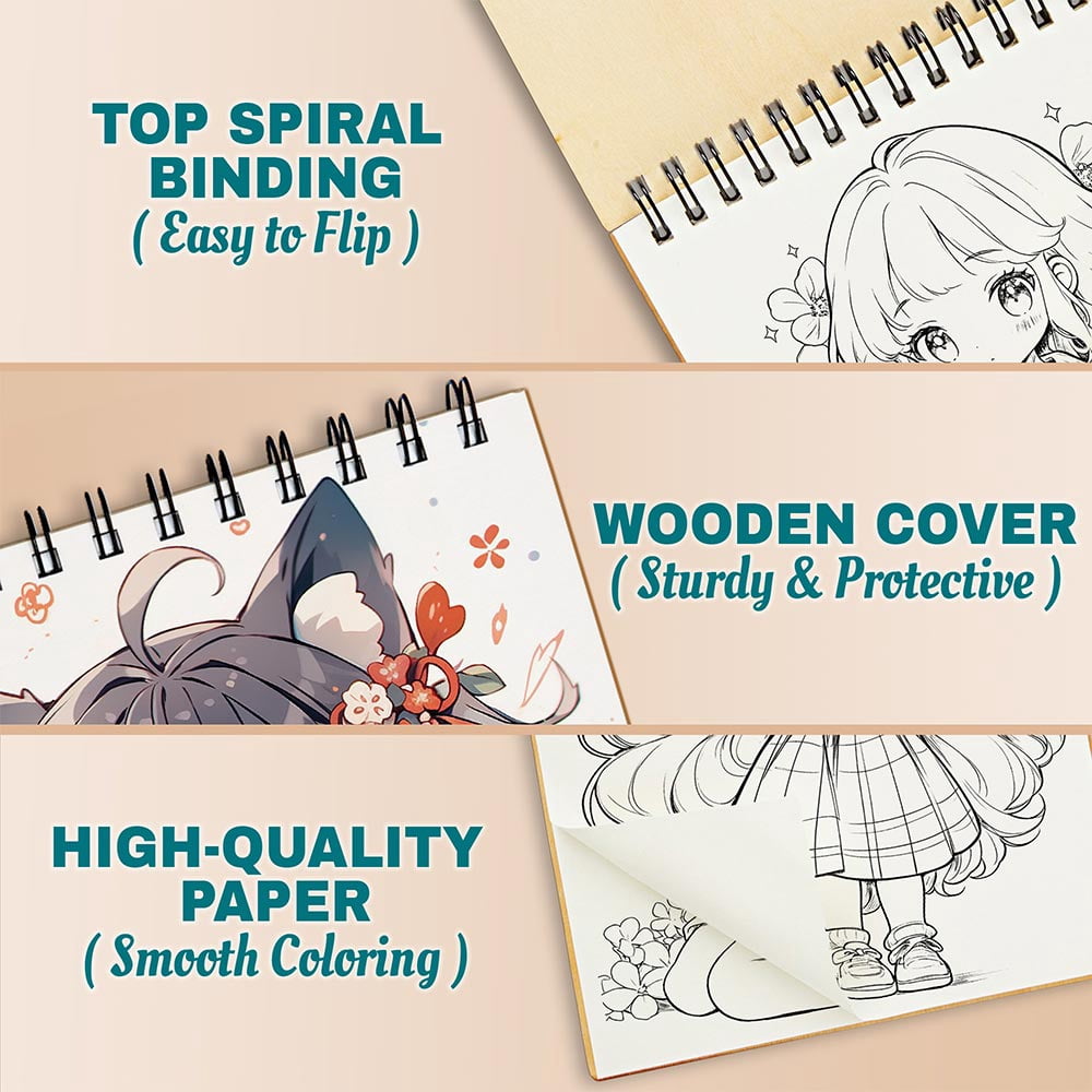 Netecom Chibi Girls Coloring Book Spiral Bound for Adults, A5 Wooden Cover, 30 Adorable Characters Coloring Pages of Fantasy Worlds for Stress Relief and Relaxation