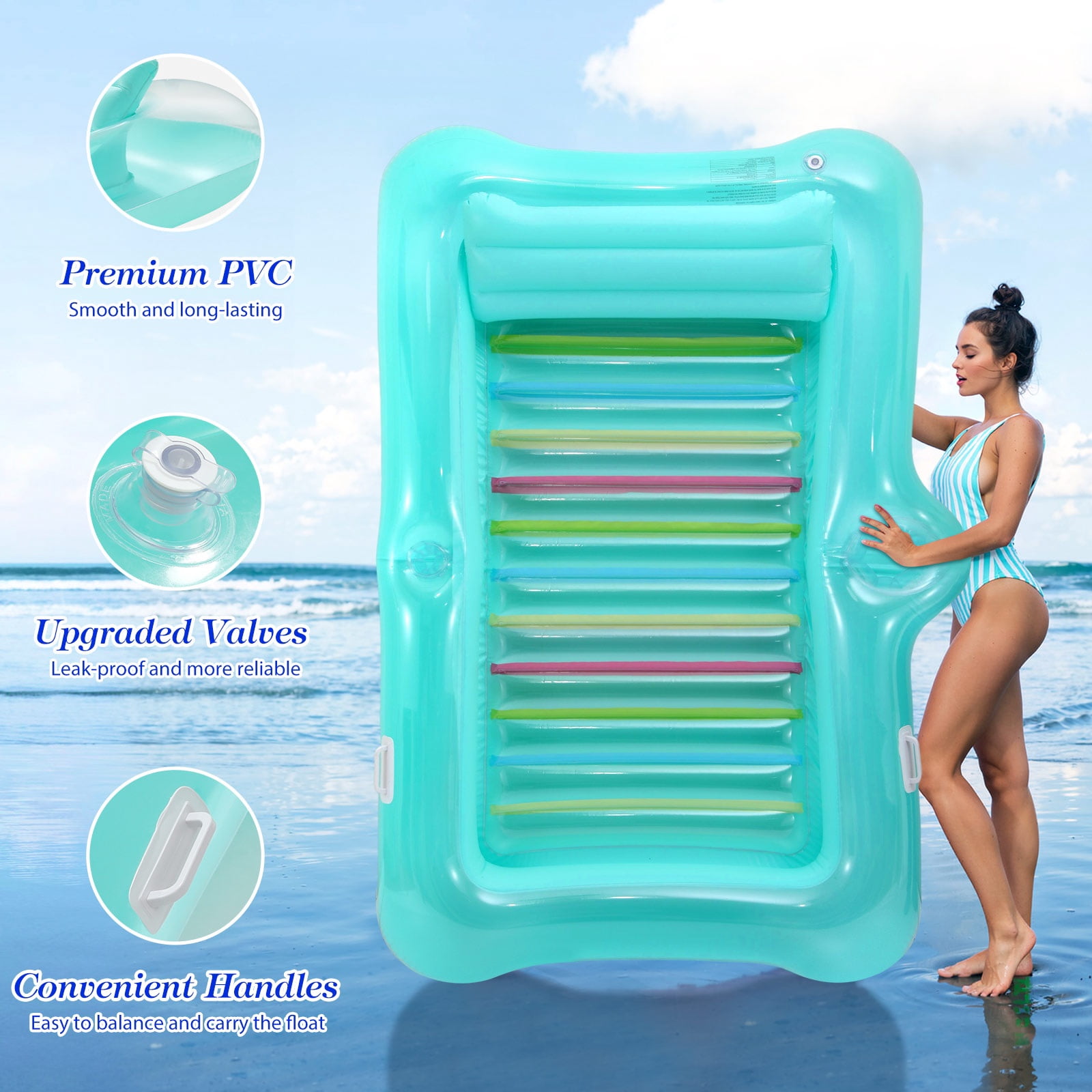 MoKo Inflatable Tanning Pool Lounger Float Adults, Large Pool Floaties Rafts for Adults with Headrest Drink Holder Sun Tanning Floats for Swimming Pool Lake River Beach Blow Up Floats, Mint Green
