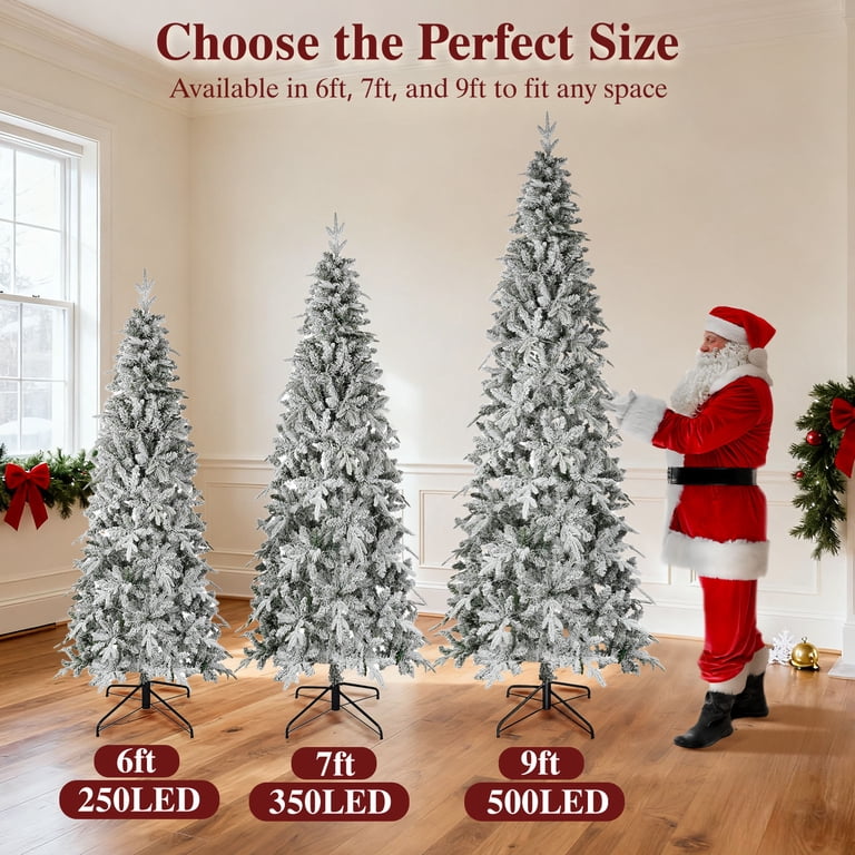 iFanze 7ft XMAS Pre-Lit Snow Flocked Pine Tree with 300 LED Lights