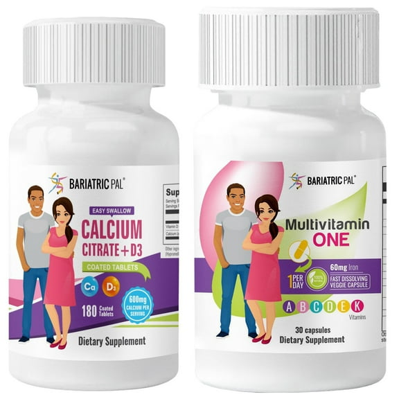 Duodenal Switch Vitamin Pack - Tablets BariatricPal Multivitamin ONE & BariatricPal Easy Swallow Calcium Citrate and D3 Coated Tablets: Capsule with 60mg Iron, Size: 30-Day Supply