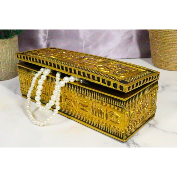 Ancient Egyptian Classical Black And Gold Ornate Hieroglyphic Hinged Long Box
