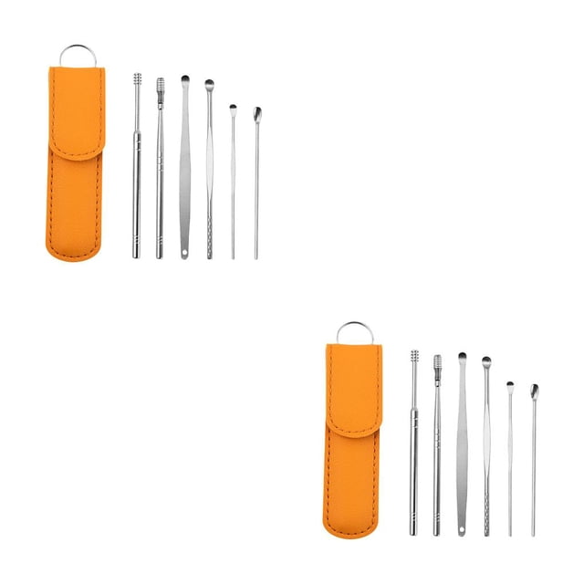 Vogacara Paquete de 6 palillos para los oídos, kit de removedor de cera para los oídos con cuchara de acero inoxidable, cureta pulida de viaje Amarillo 2Conjunto