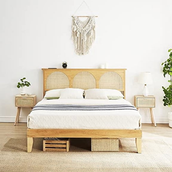 12.4 Inch Deluxe Solid Wood Queen Size Bed Frame with LED Lights & Curved Rattan Headboard & Wooden Support Legs, Modern Platform Bed Frame, No Box Spring Needed, Easy Assembly