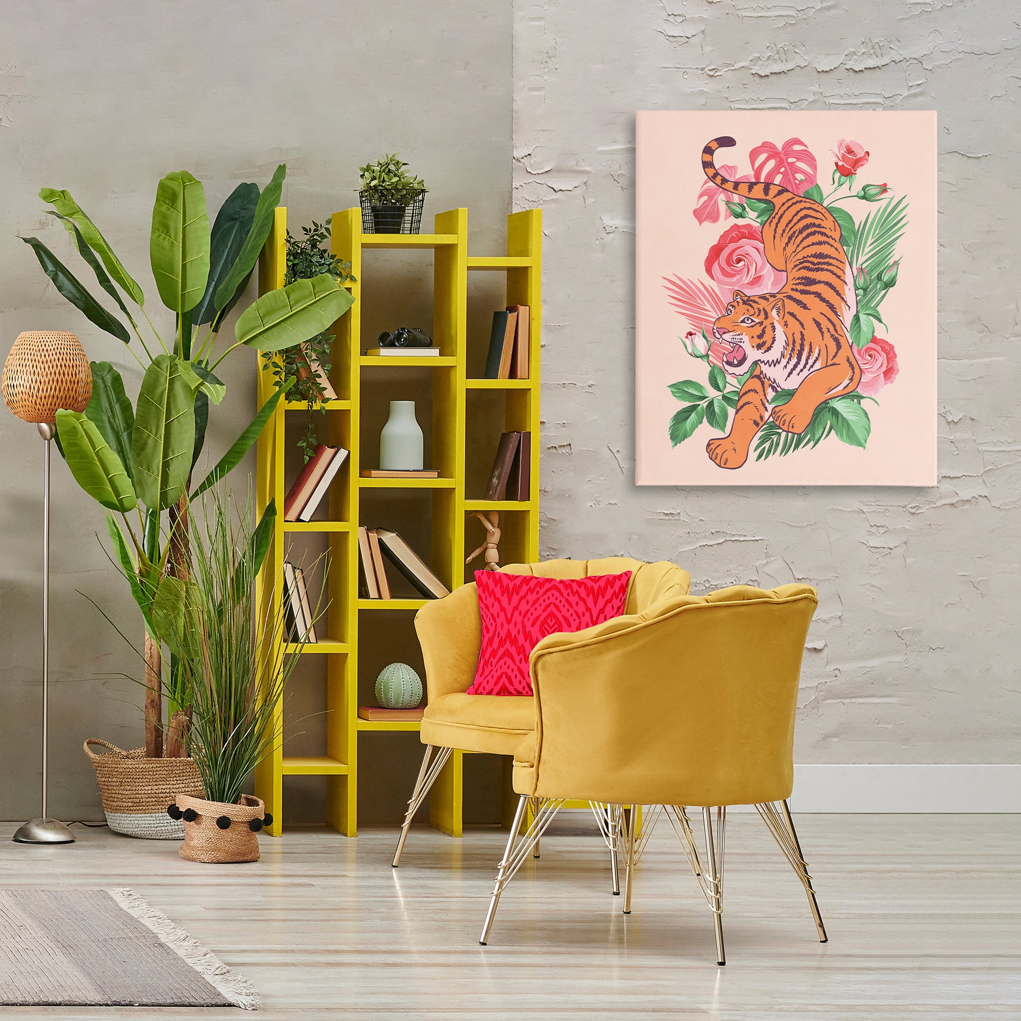 Stupell Industries Tiger & Tropical Roses Animals Painting Wrapped Canvas Art Print Wall Art, 30 x 40