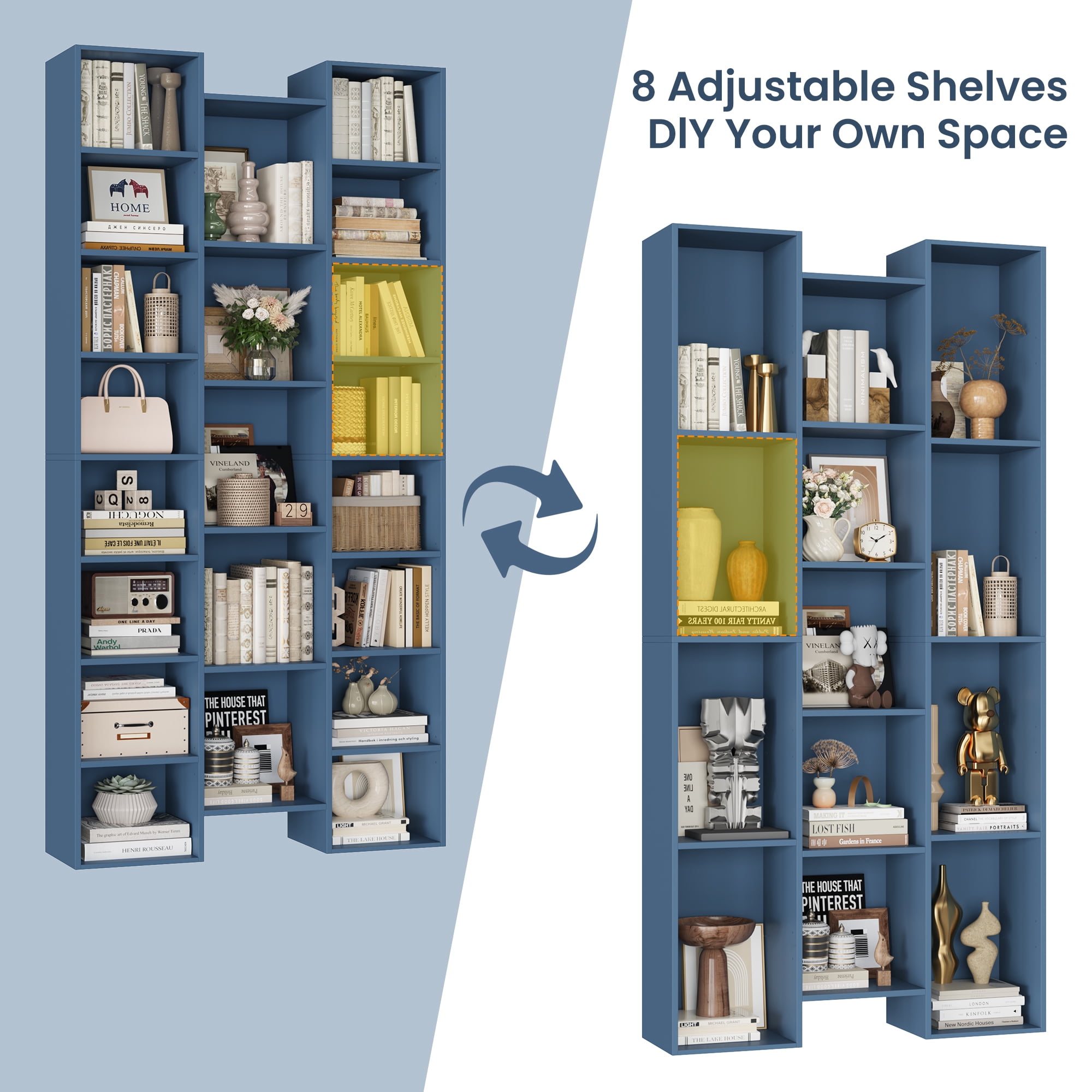Homfa 21-Cube Bookcase, 71’’ Tall Wooden Bookshelves with Adjustable Shelves, Triple Wide CD Display Storage Organizer Shelf for Home Office, Blue