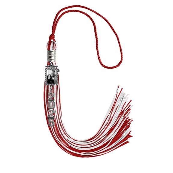 Endea Graduation Red/White Tassel with Photo Frame Charm and Stacked Date Drop