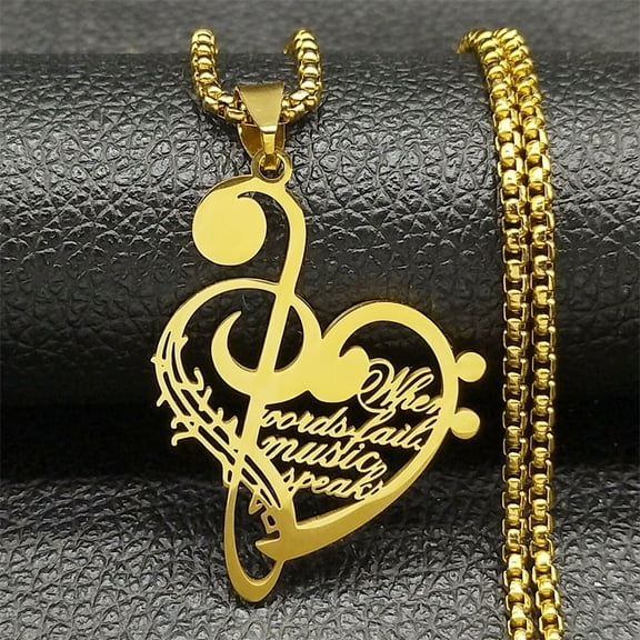 Love Heart Music 14K Yellow Gold Necklace For Women Men Golden Silver Color Music Score Fashion Male Pendant Jewelry