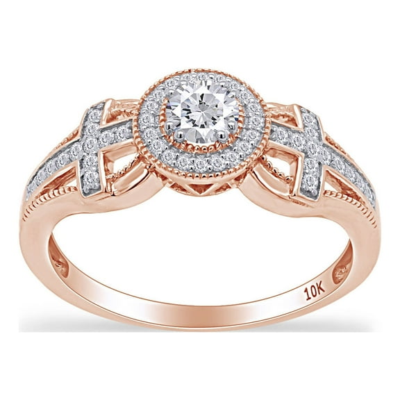 AFFY 0.40 Carat Round Cut White Natural Diamond Halo Cross Engagement Wedding Ring 10k Solid Rose Gold