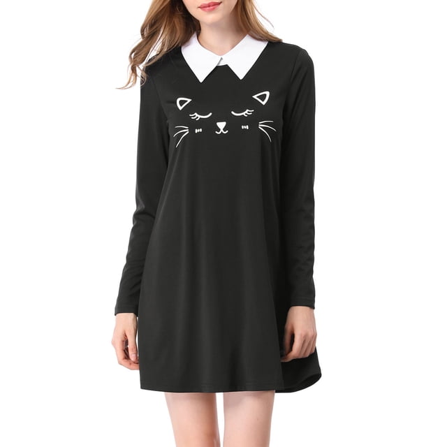 INSPIRE CHIC Women's Contrast Collar Long Sleeve Above Knee Dress XS Black