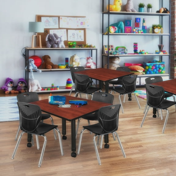 Regency Kee 48 in. Square Mobile Adjustable Classroom Table- Cherry & 4 Andy 12 in. Stack Chairs- Black