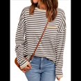 thumbnail image 1 of Suéter de Punto Suave A Rayas para Mujer, Camisa Holgada con Bolsillo en el Pecho. Cafetería de Leche L, 1 of 5