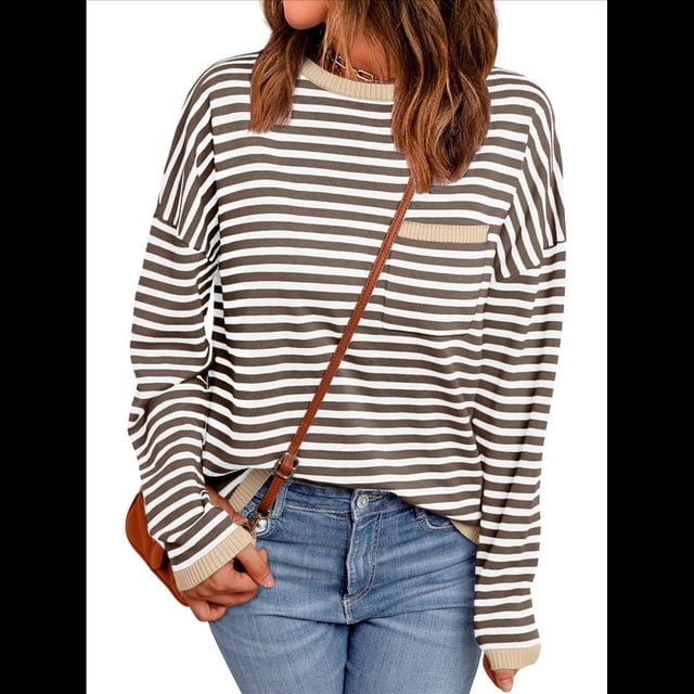 Suéter de Punto Suave A Rayas para Mujer, Camisa Holgada con Bolsillo en el Pecho. Cafetería de Leche L