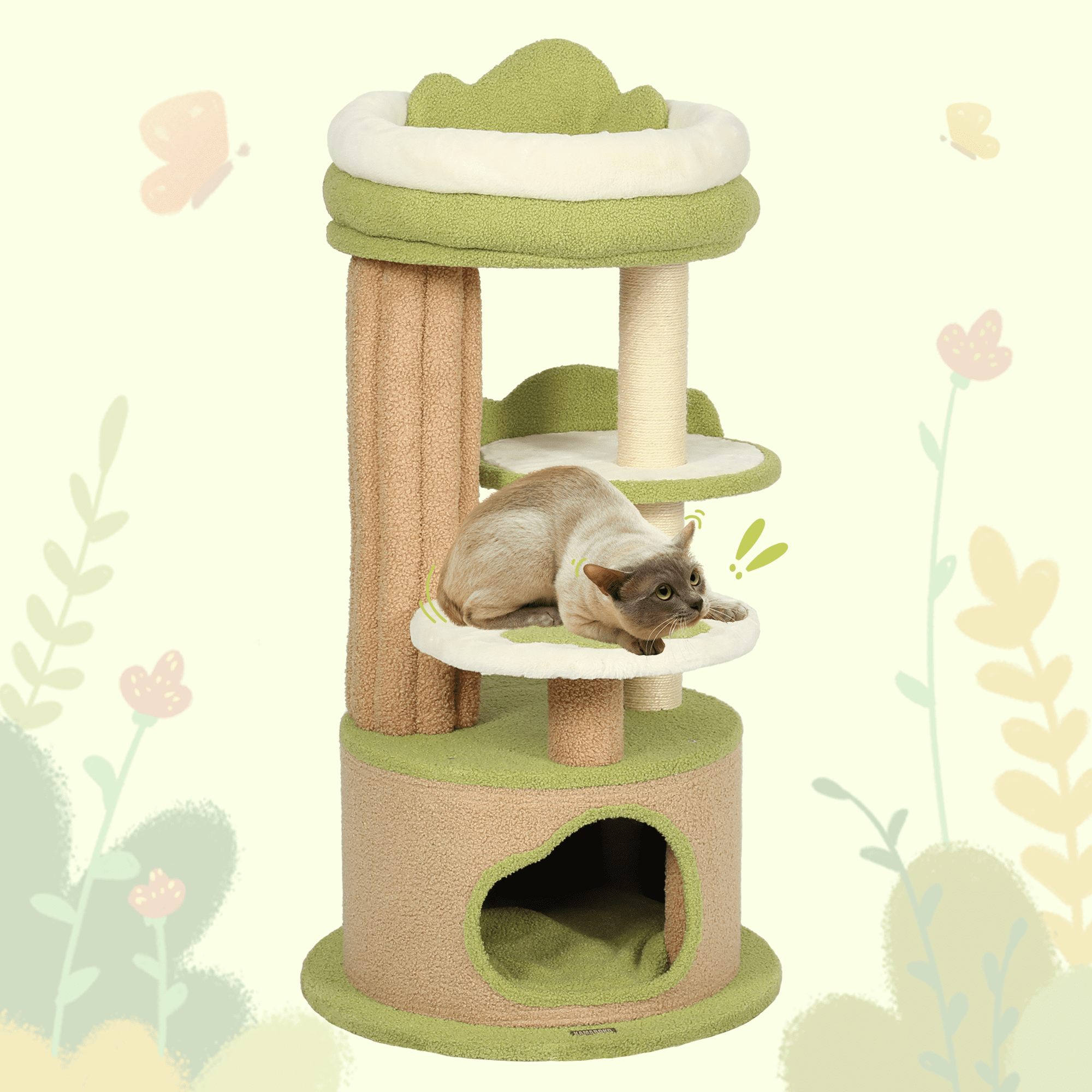 LHBCraft 42.5" Green Cat Tree with Aesthetic,Teddy Fleece, Velcro Cat Condo, Unique Cat Furniture for Small Space